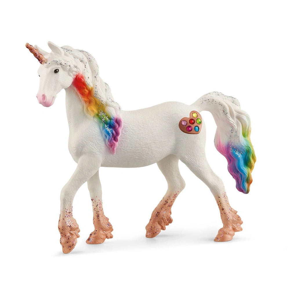 Rainbow Love Unicorn Mare figurine features a shiny white body with a vibrant rainbow mane, tail, and heart-shaped tail decor