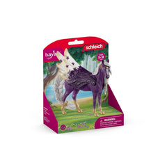 Star Pegasus Mare toy horse in purple with white mane and tail, displayed in pink packaging with a clear plastic window.