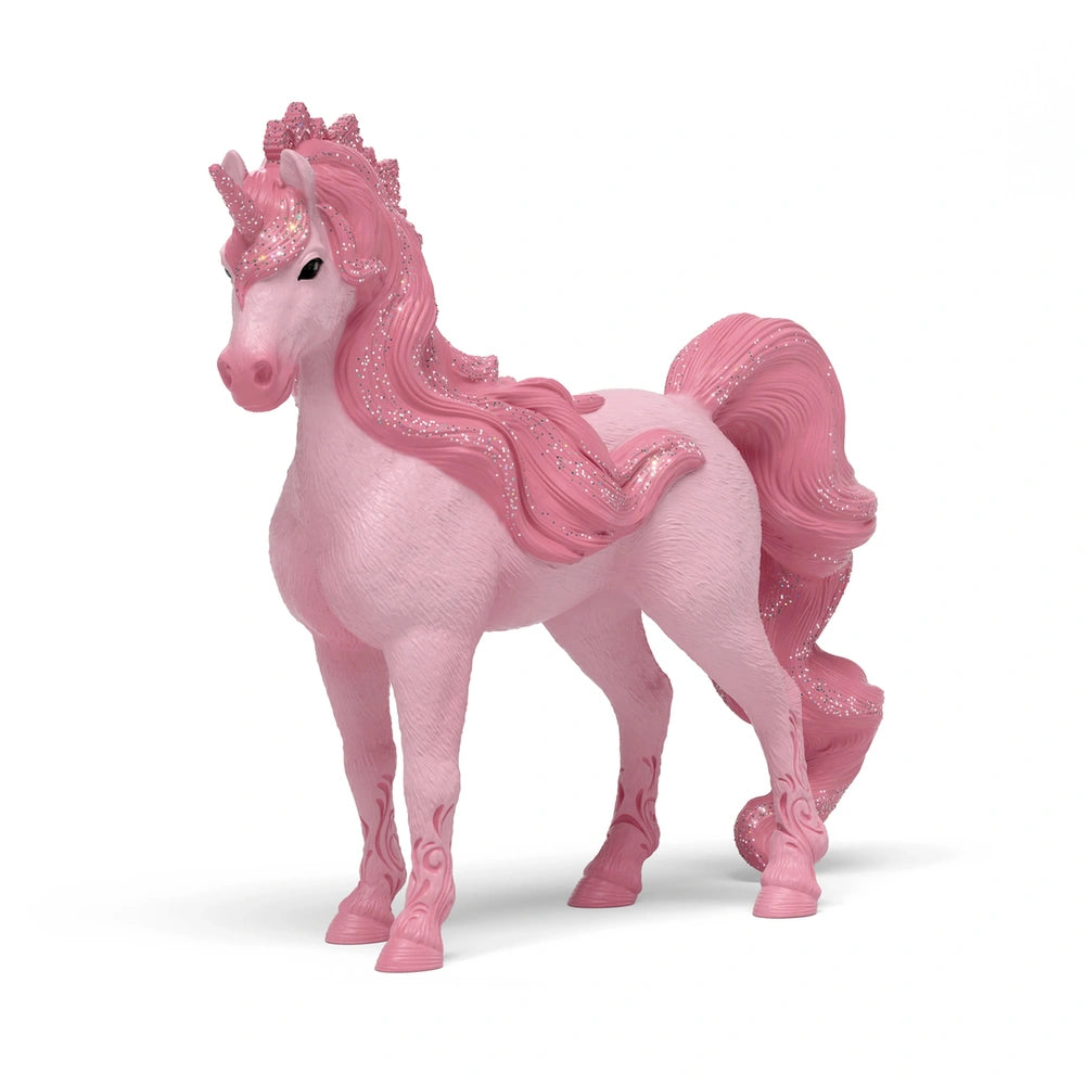 Cassiopeia Unicorn Mare figurine in glossy pink with a glittery mane and tail, standing against a plain white background.