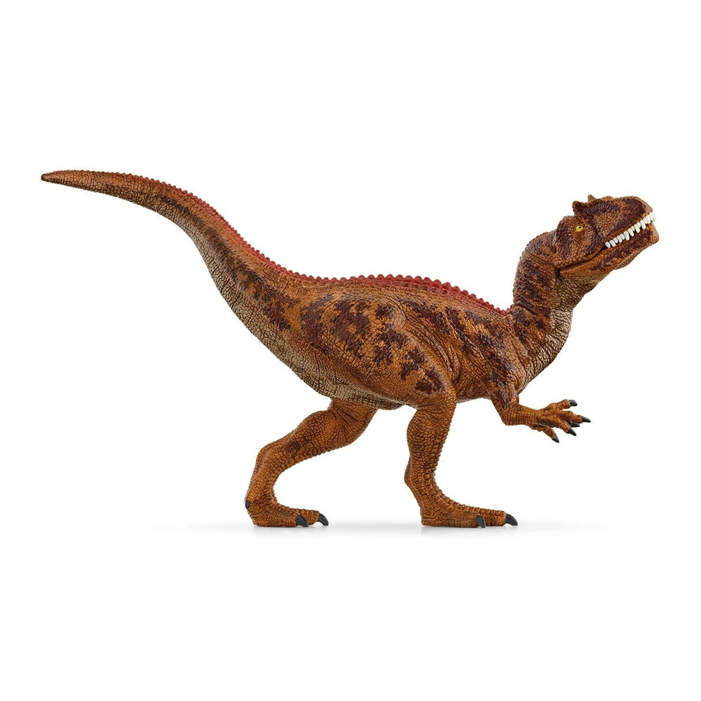 Allosaurus toy dinosaur in a standing position, featuring detailed scales and a mix of brown and red coloration.
