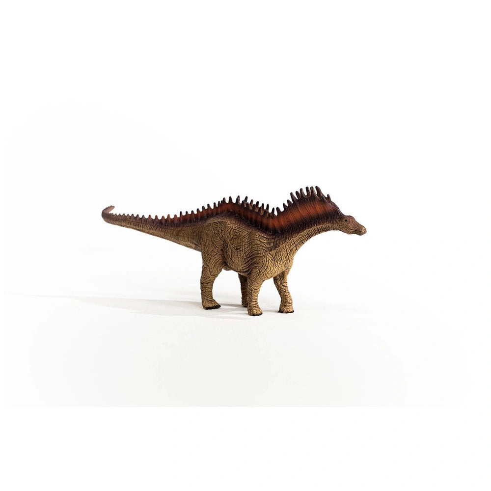 Amargasaurus toy dinosaur in brown shades, featuring textured skin, spines, and a long neck, centered against a light backgro