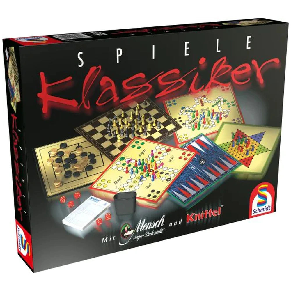 Schmidt Games' "Spiel Klassiker" box features a chessboard and pieces in classic black and white, showcasing a timeless game 