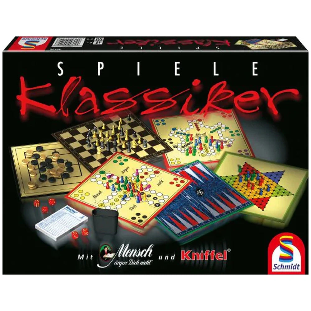 Schmidt Games Classic Games boxed set features colorful game boards and pieces, showcasing a variety of classic board games.