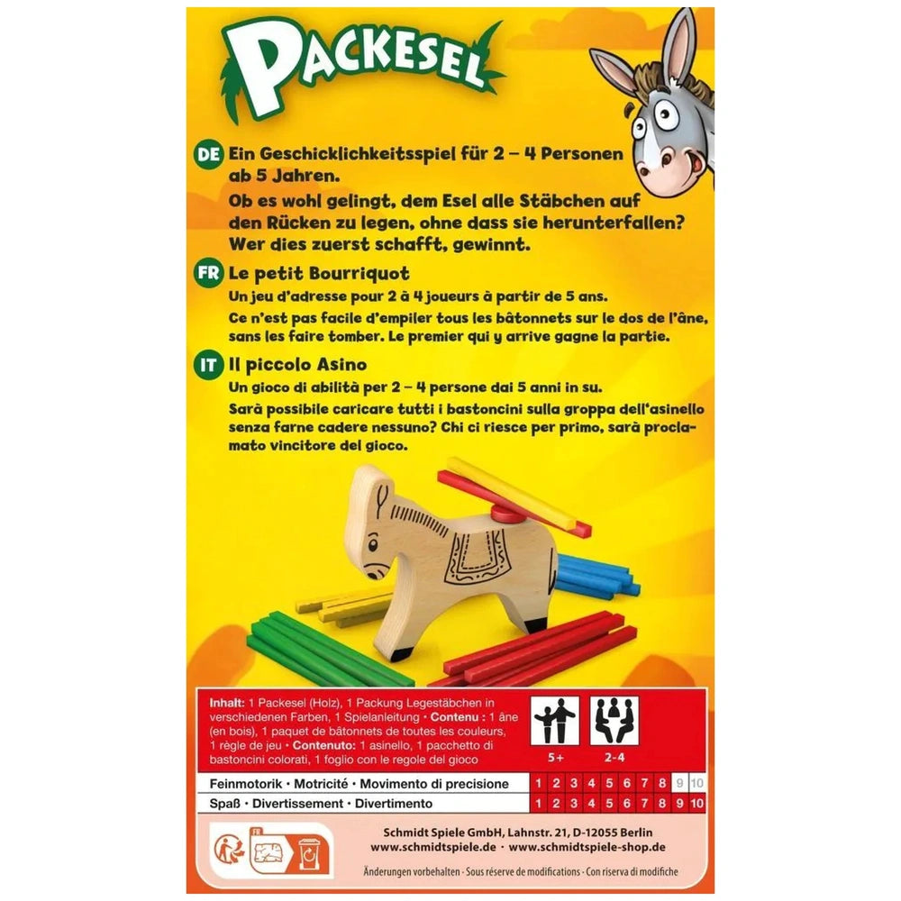 Pack mule cartoon donkey with a surprised expression on a yellow background, surrounded by scattered colored pencils.