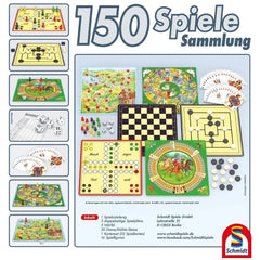 Schmidt Spiele's 150 game collection showcases a vibrant array of board games and playing pieces on a light blue background.