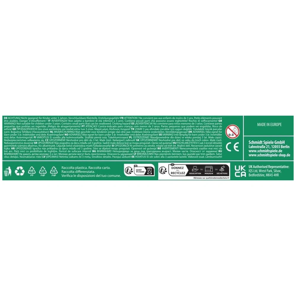 Schmidt Spiele Animal Families on the Farm puzzle label features green text and graphics on a white background, highlighting 