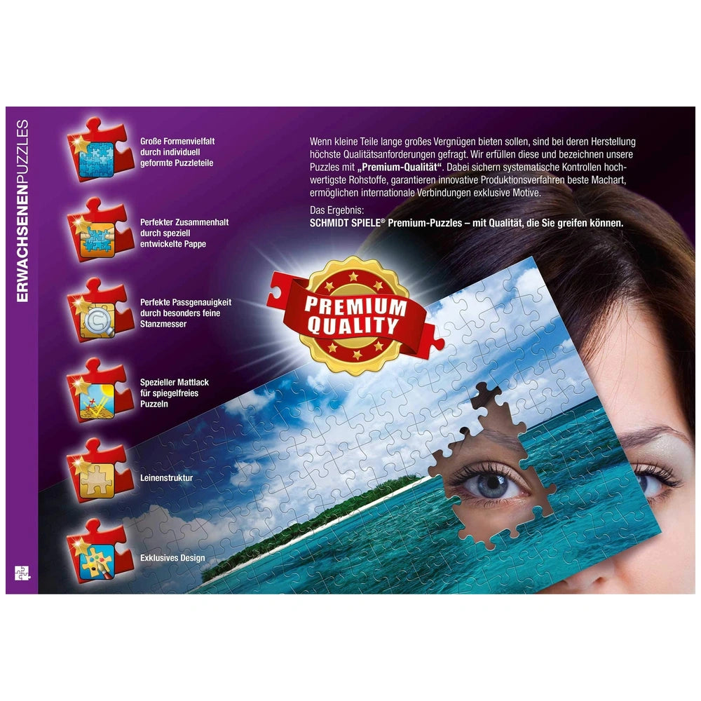 Schmidt Spiele Bambi puzzle features a woman's face peeking through interlocking glossy pieces against a blue sky backdrop.