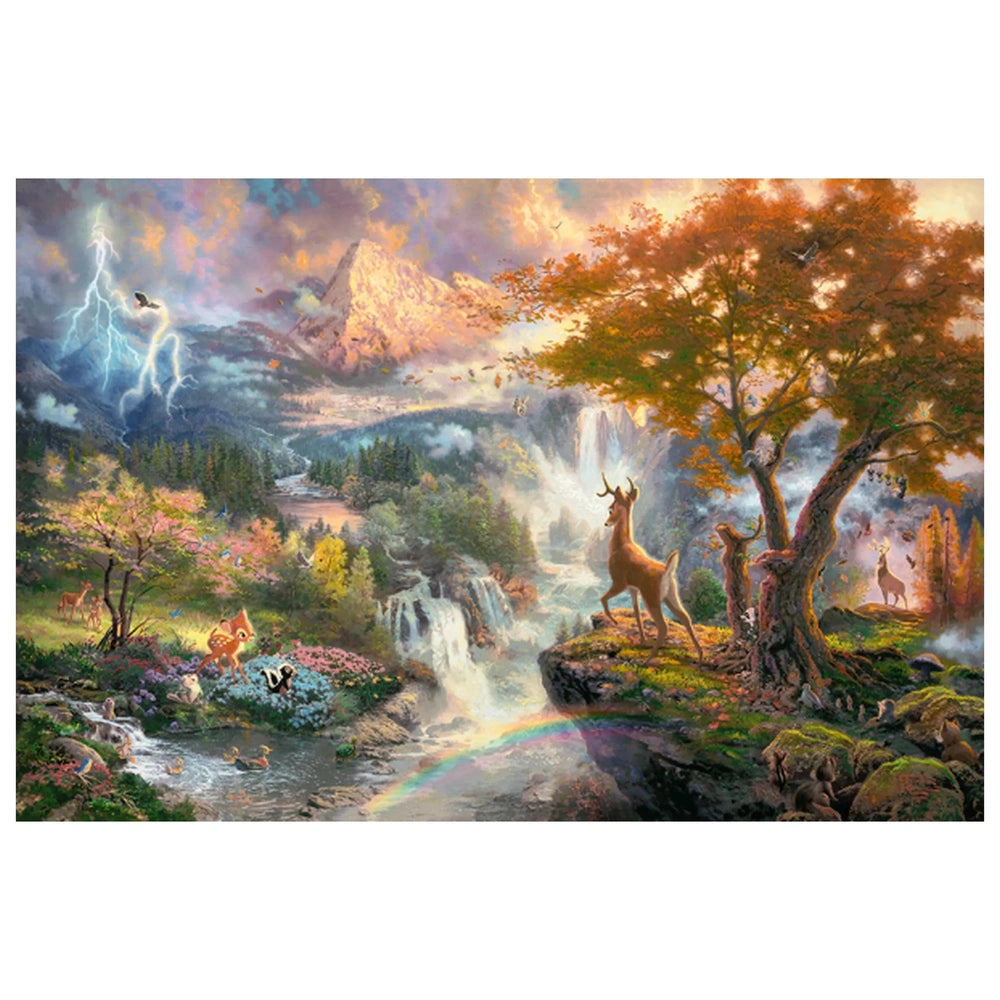 Schmidt Spiele Bambi puzzle features a vibrant landscape with a waterfall, rainbow, deer, and various animals amidst lush gre