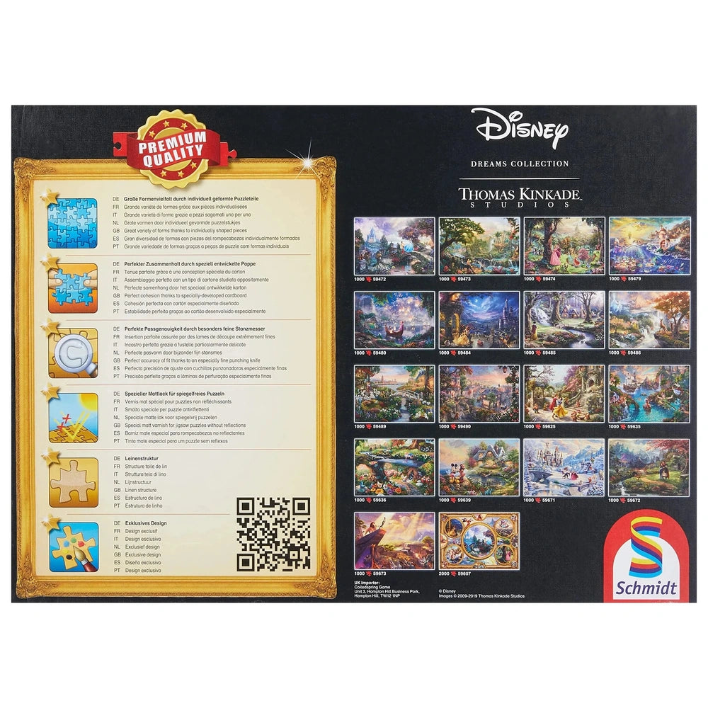 Schmidt Spiele Bambi puzzle features vibrant Disney scenes arranged in a uniform grid on a black background with a golden bor