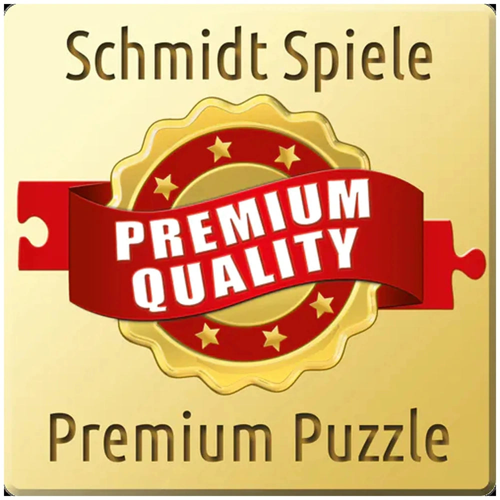Schmidt Spiele Bambi 1000-piece puzzle features a light beige background with a golden border and red ribbon accents.