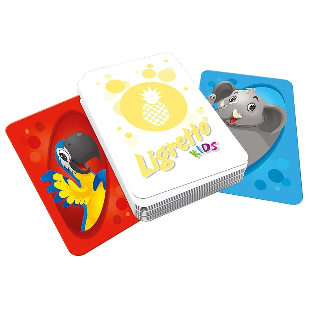 Children's board game coasters featuring vibrant designs of a pineapple, parrot, and elephant with "Ligretto Kids" text.