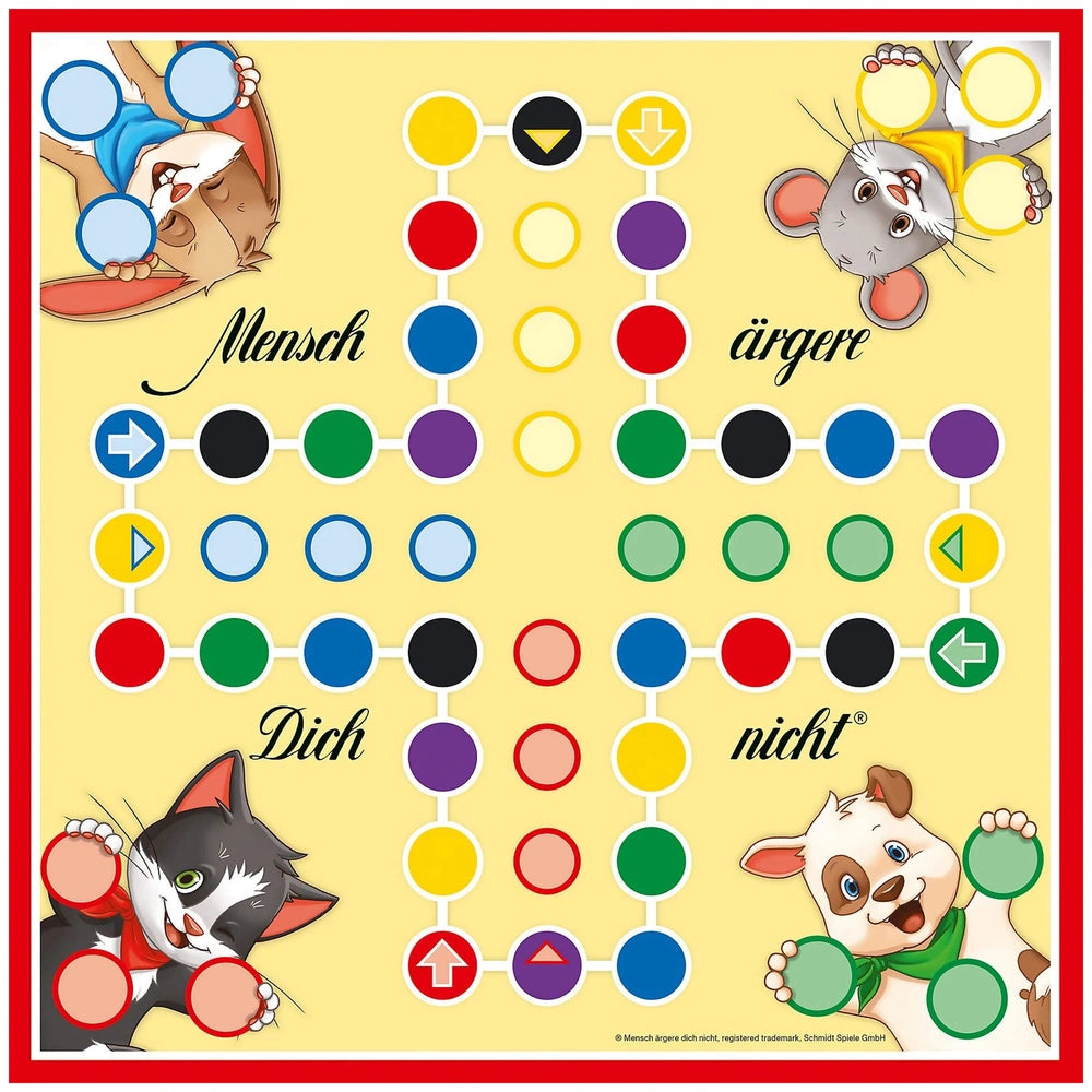 Schmidt Spiele children's board games feature cartoon animals holding colorful circles on a vibrant yellow background.
