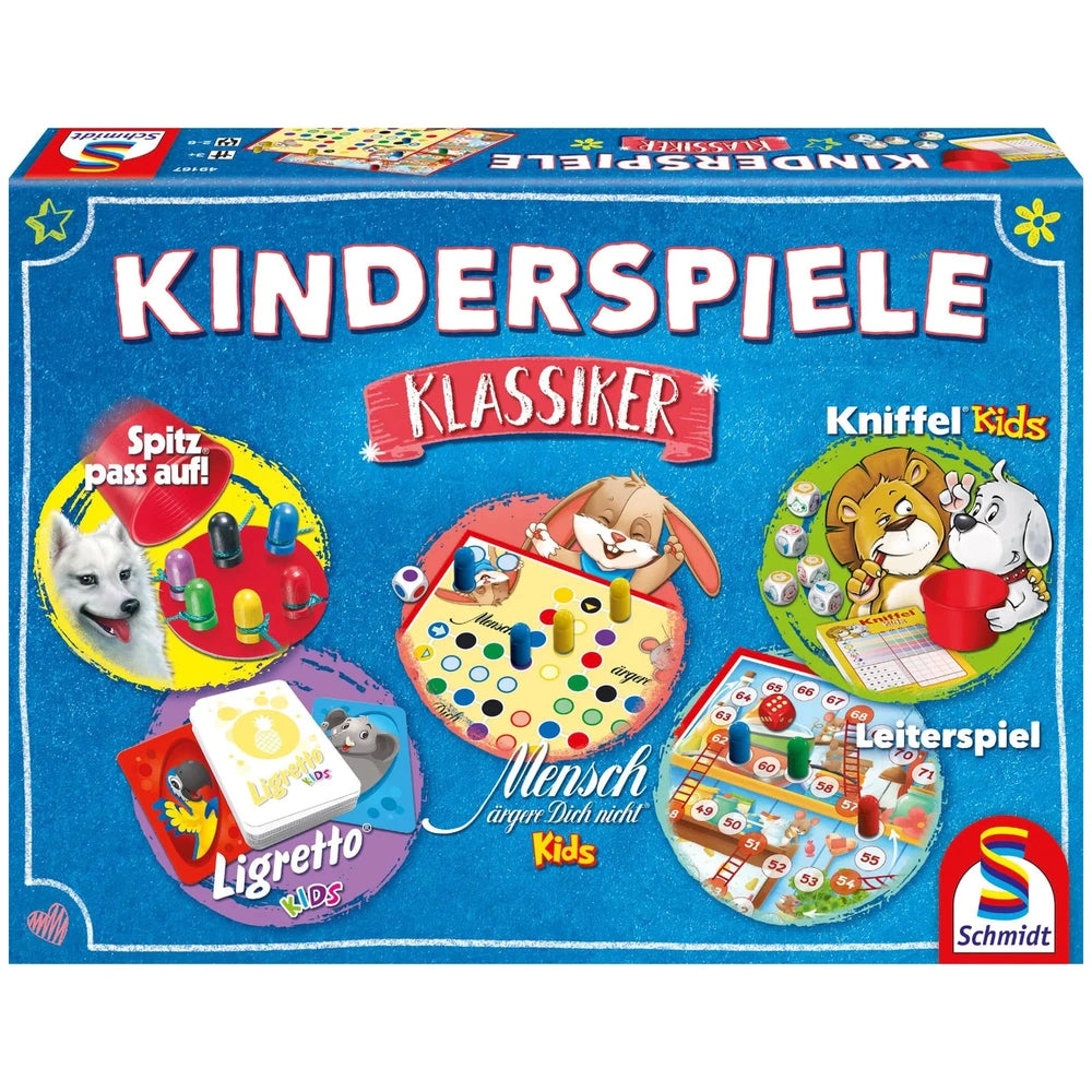 Schmidt Spiele children's board games box features colorful graphics of cartoon characters and game illustrations with the ti