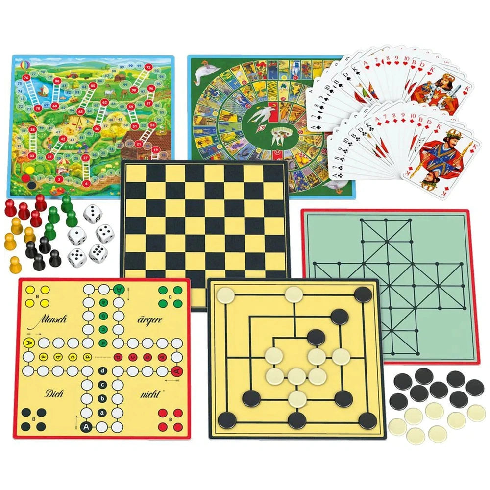 Schmidt Spiele Compact Game Collection showcases colorful board games with various game pieces like dice and cards on a flat 