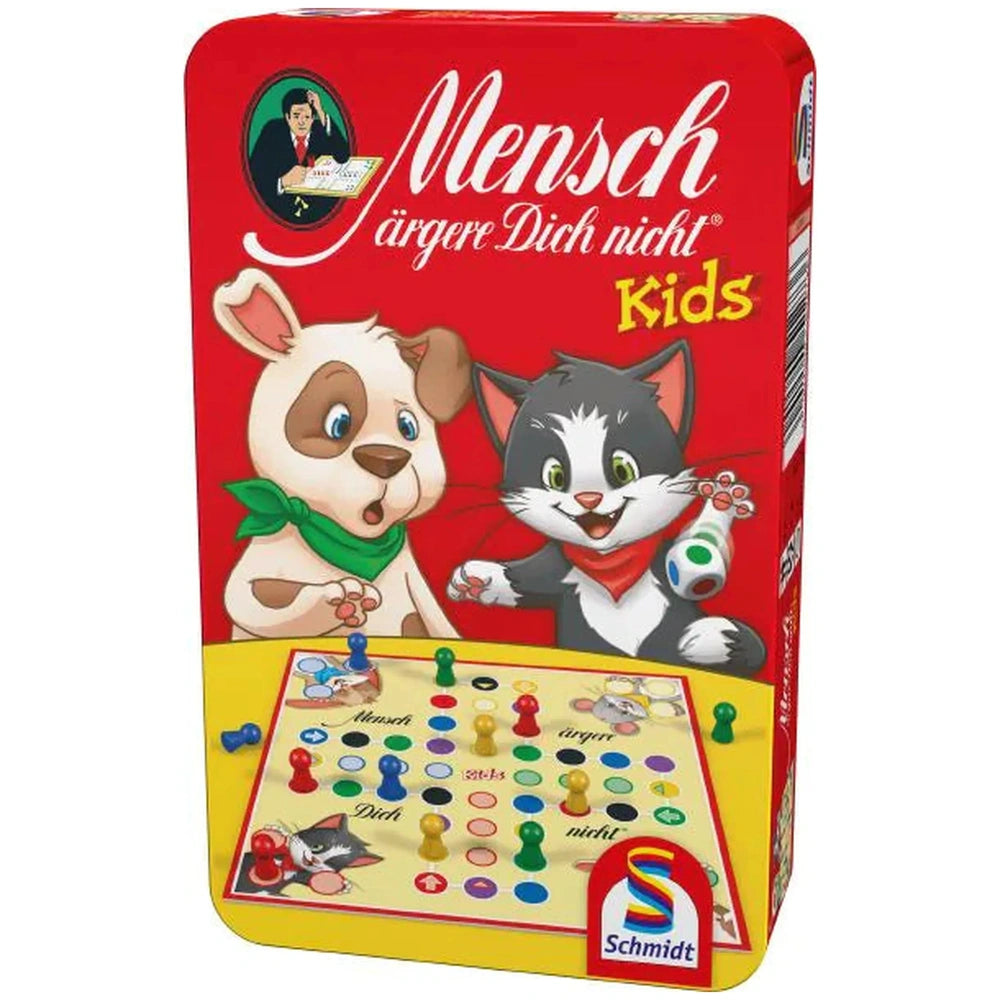 Schmidt Spiele's "Don't Bother Me Kids" board game box features cartoon dog and cat illustrations on a vibrant red background