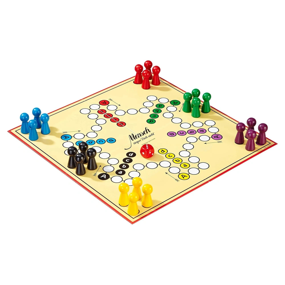 Schmidt Spiele's Don't Get Angry board game features a grid-patterned board with colorful cylindrical pieces arranged for pla