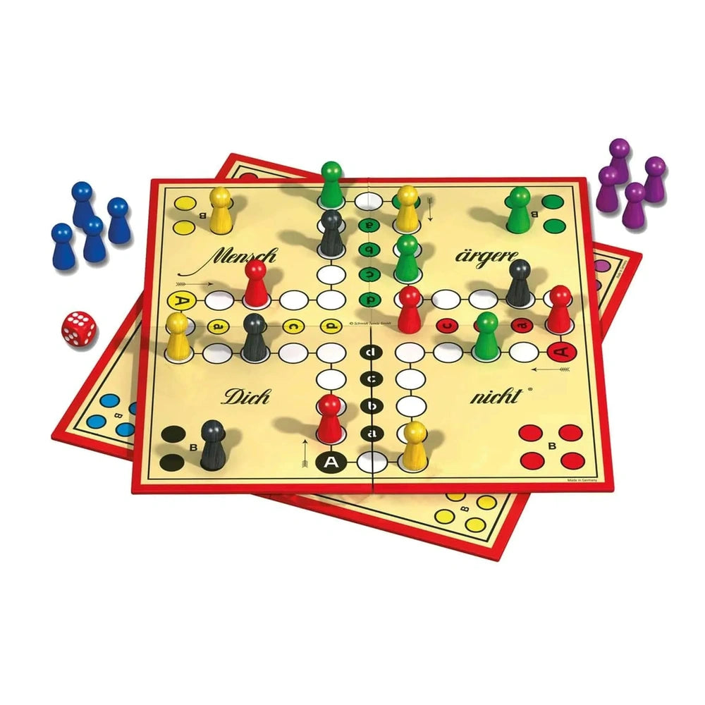 Schmidt Spiele's Don't Get Angry board game features a colorful central grid, dice, and game pieces arranged for play.