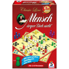 Schmidt Spiele's Don't Get Angry board game features a vibrant red board with colorful pieces and a clear plastic window on t