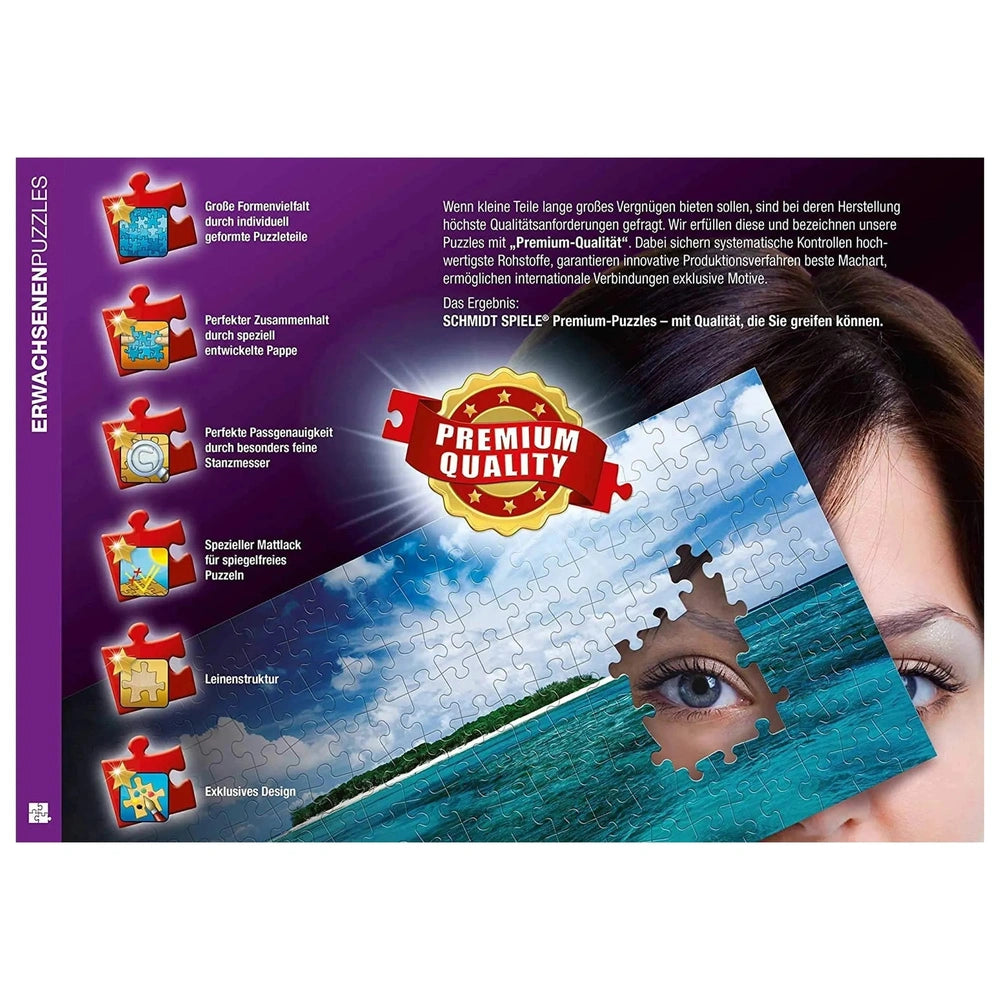 Schmidt Spiele Dream Whispers puzzle features a woman's face partially obscured by red and white jigsaw pieces against a blue