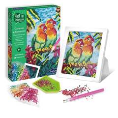 Sentosphere Arts & Creations Diamond Canvas kit includes a vibrant bird canvas, beads, scissors, and a display frame.