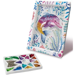 Colorful decorative item featuring a dolphin design with sea plants, set against a plain white background.