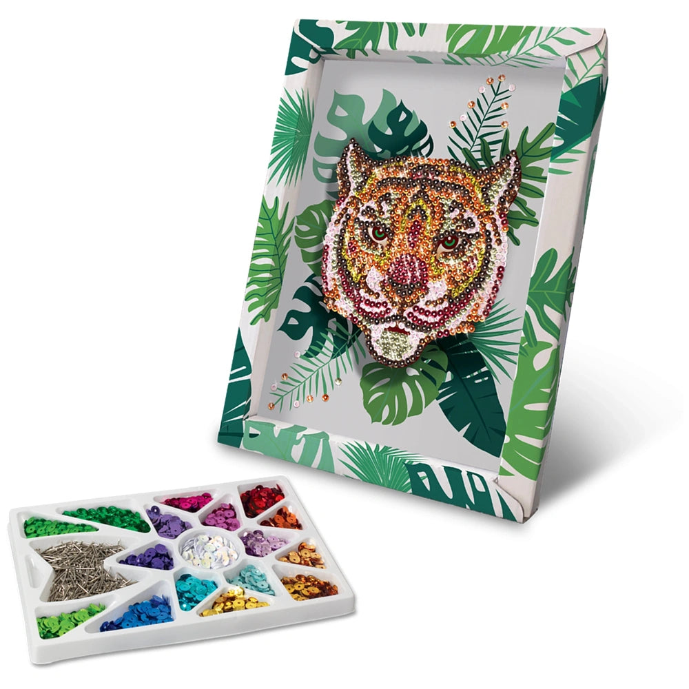 Decorative framed picture featuring a colorful beaded tiger's face surrounded by a leafy pattern and a tray of assorted beads