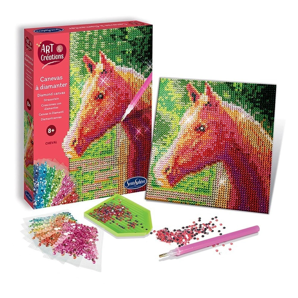 Diamond Canvas Horse craft kit featuring a vibrant horse image, a pink stylus, and colorful beads for creative projects.