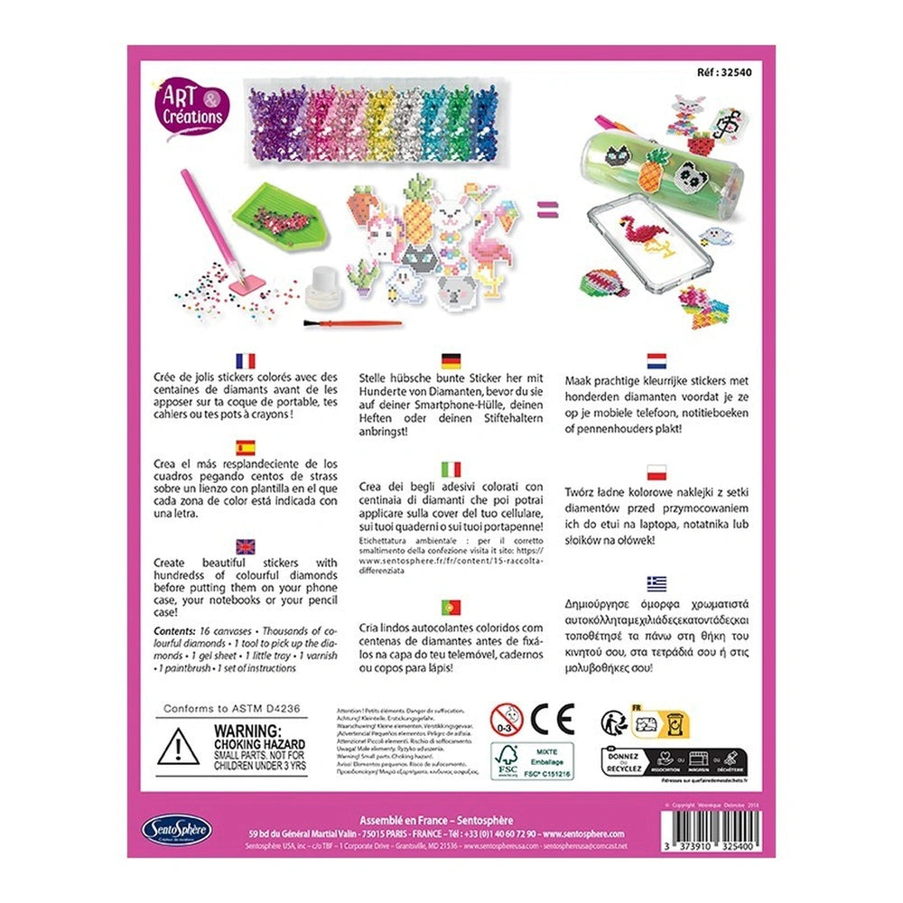 Sentosphere Diamond Stickers packaging showcases colorful adhesive stickers and craft materials on a pink background.