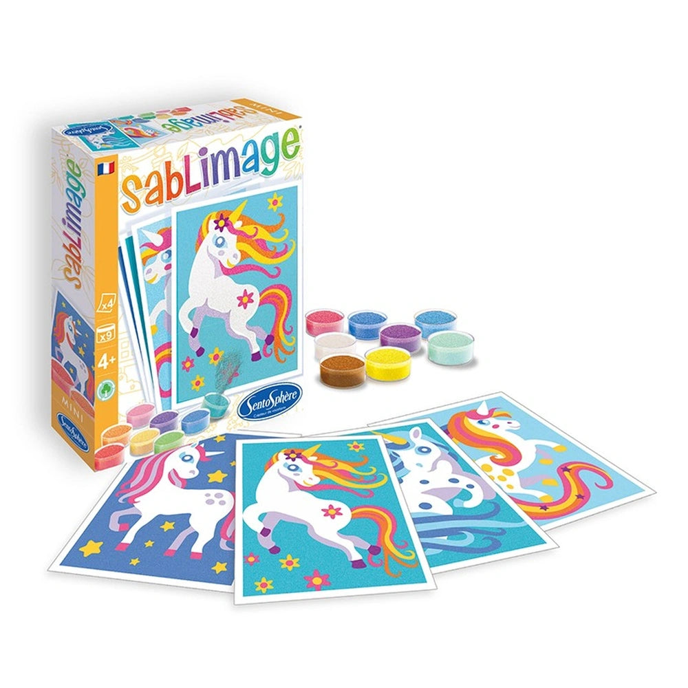 Mini Sablimage craft kit features vibrant stickers and stencils in an open packaging box on a flat surface.
