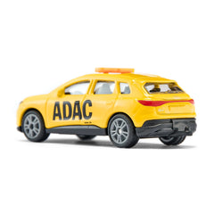 Yellow toy Audi Q4 e-tron with a black roof rack, featuring ADAC text, centered on a light background.