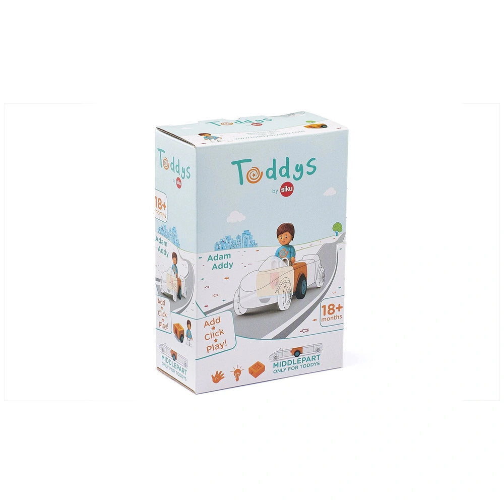 Siku Adam Addy Toddys construction set box features colorful graphics of a child and a car on a light blue background.