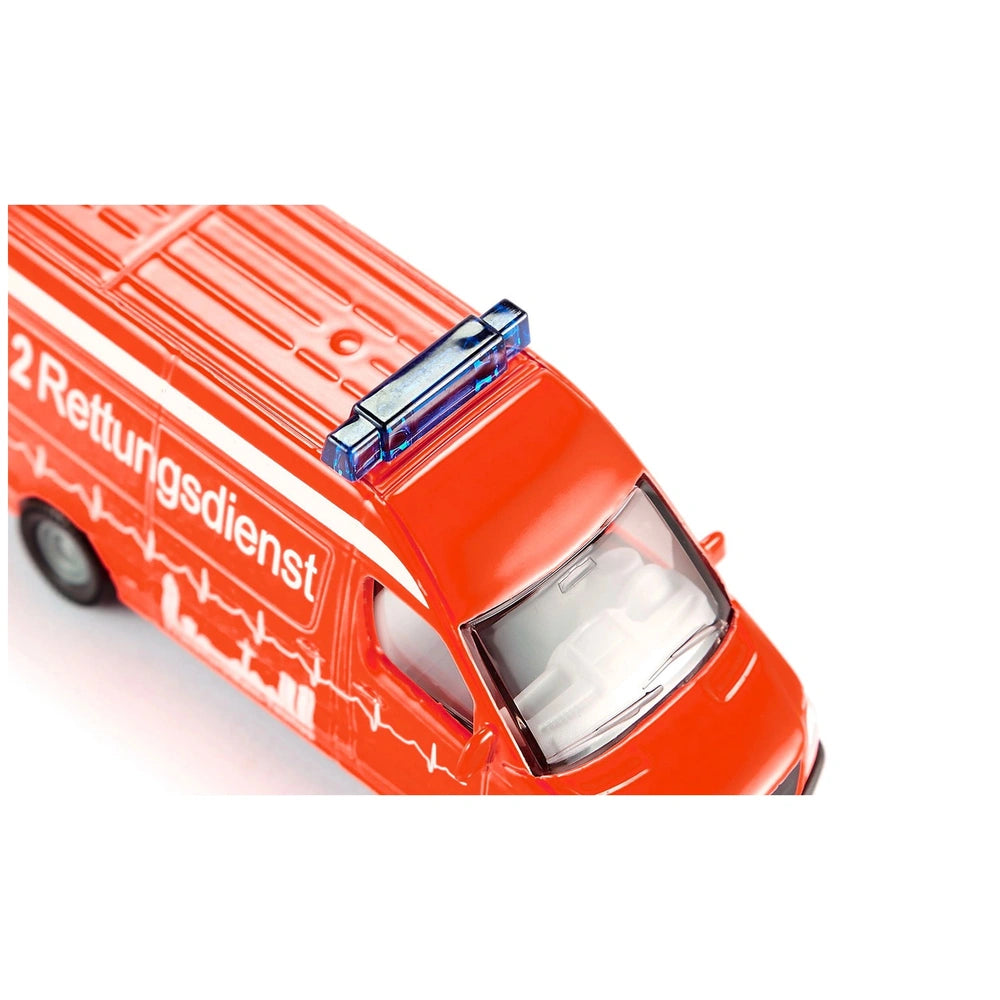 Siku ambulance toy vehicle in vibrant red with white and black accents, featuring "2.Rettungsdienst" text on its side.