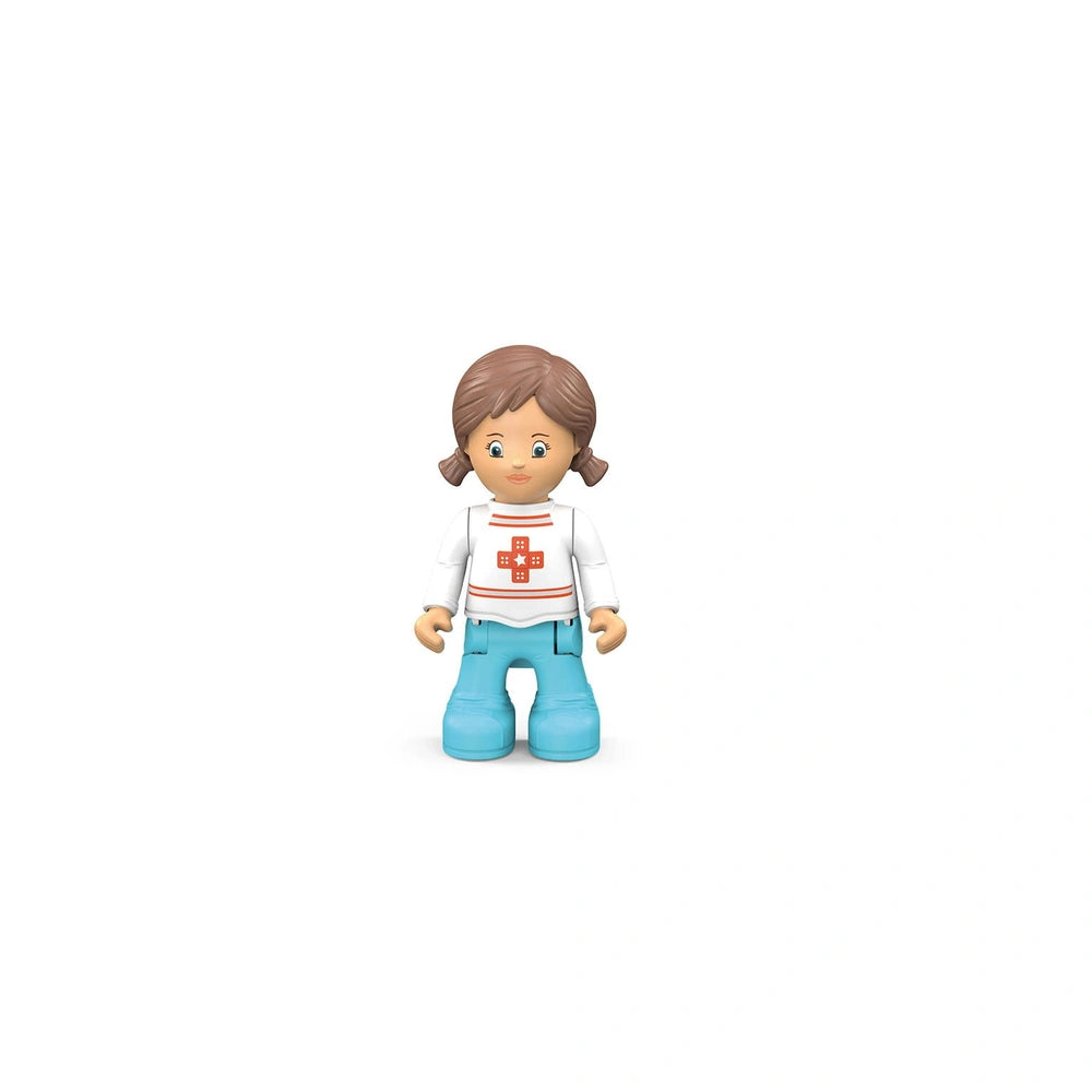 Siku Anna Amby is a small figurine of a child with two ponytails, dressed in a white top with a red stripe and blue jeans.