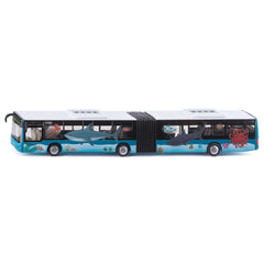 Articulated double-decker bus model in blue with marine-themed designs, featuring clear windows and a glossy finish.
