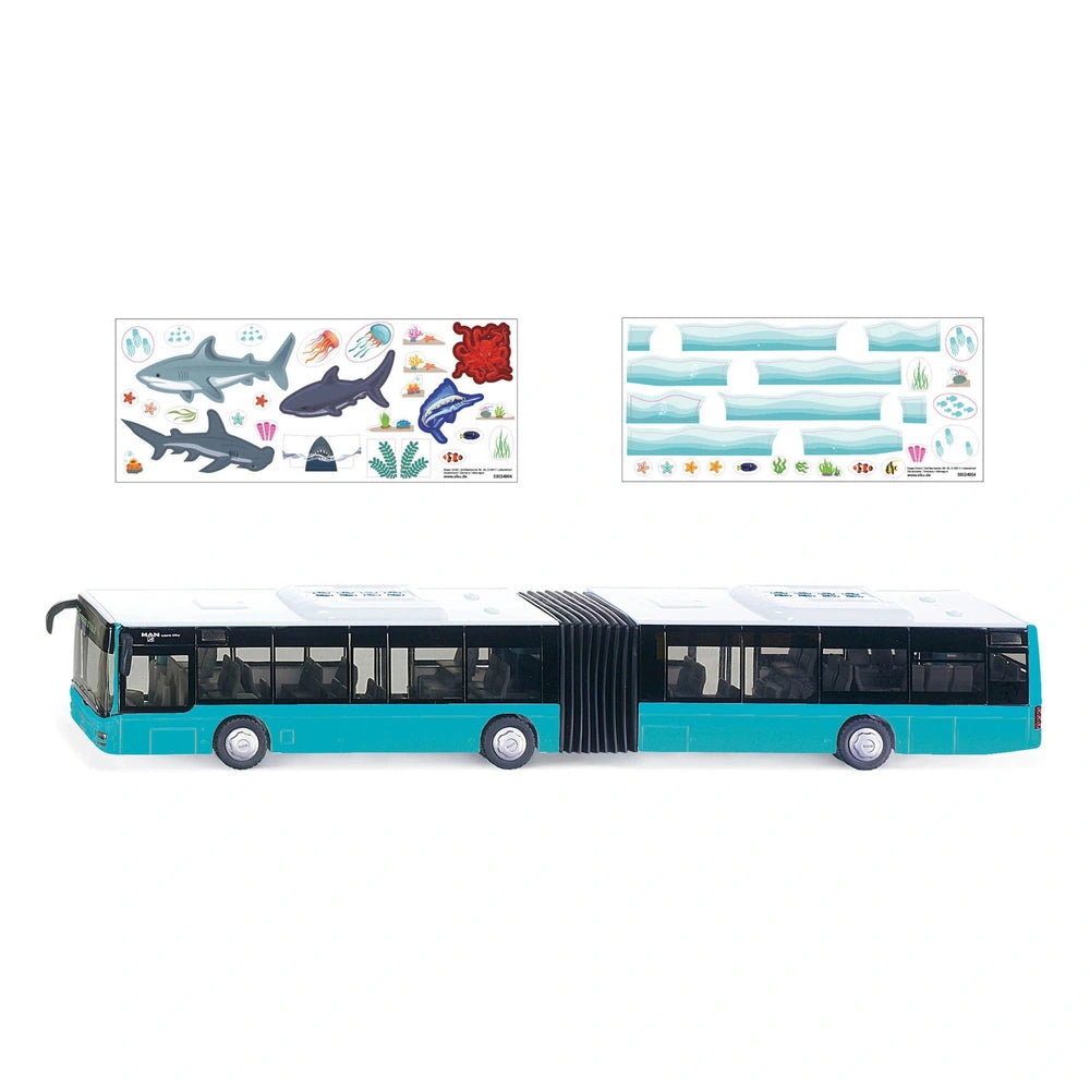 Articulated bus model featuring a vibrant underwater-themed sticker with marine life, made of plastic with a glossy finish.