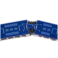 Articulated bus toy in blue with a shiny metallic surface, featuring rectangular shapes and visible fasteners against a white