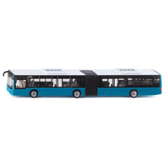 Articulated double-decker bus model in blue and white, showcasing clear windows, rubber wheels, and detailed interior.