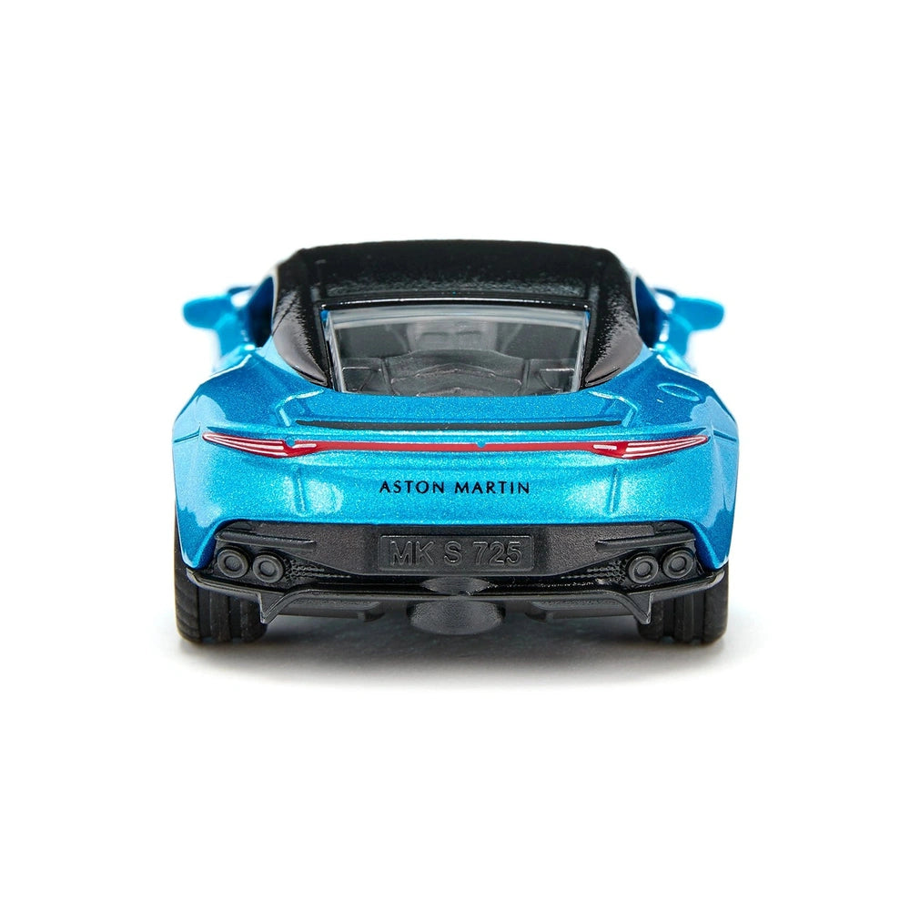 Aston Martin DBS Superleggera model in vibrant blue with a red stripe, showcasing detailed features against a white backgroun