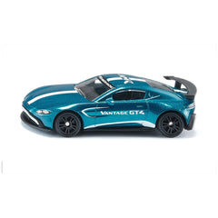 Aston Martin Vantage GT4 toy car in blue with white and black accents, featuring a glossy finish and detailed components.