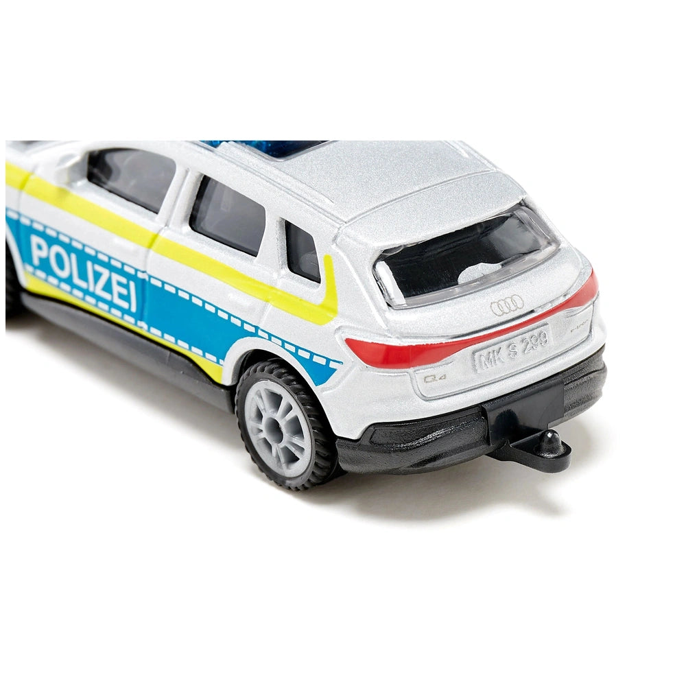 Siku Audi Q4 police emergency vehicle features a glossy white body with blue and yellow stripes and black wheels.