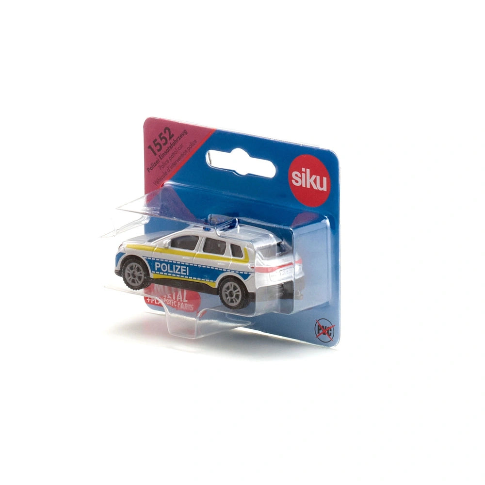 Siku Audi Q4 police toy car in packaging features blue, white, and yellow colors with "POLIZEI" printed on the side.