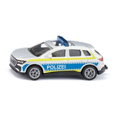 Siku Audi Q4 police emergency vehicle in white with blue and yellow accents and "POLIZEI" displayed on the side.