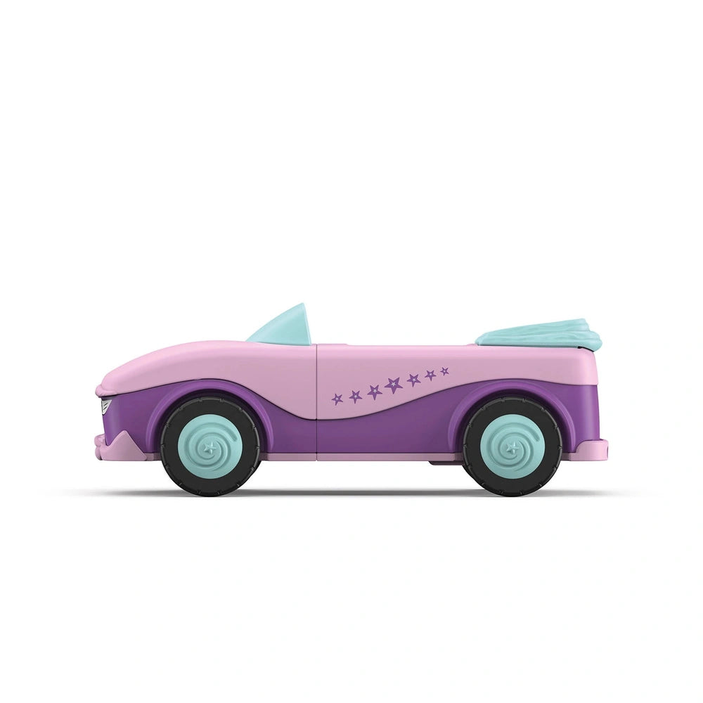 Three-wheeled toy vehicle in purple and pink with blue wheels and star designs, set against a light background.