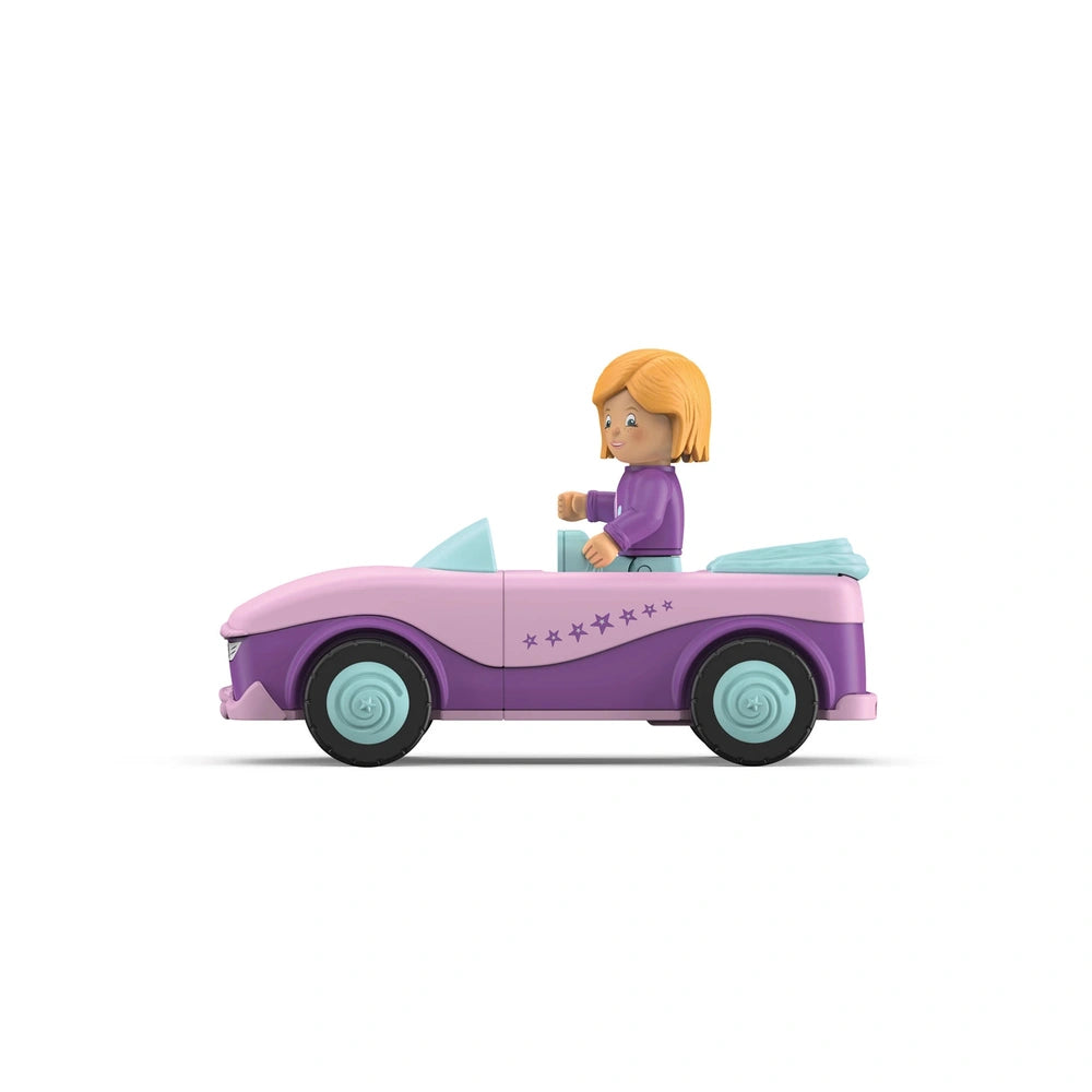 Purple toy car with pink and blue accents, smooth body, shiny wheels, positioned on a contrasting white surface.