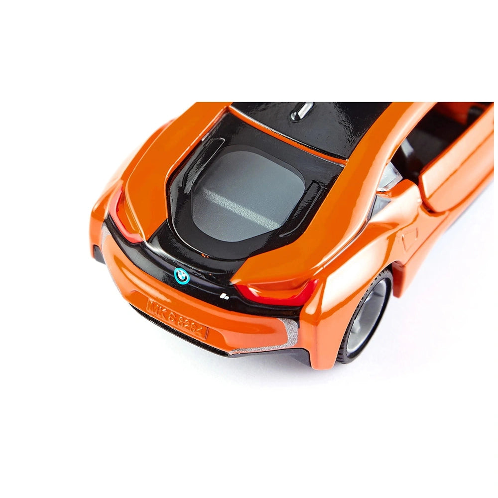 Siku BMW i8 LCI toy car in vibrant orange with black accents, featuring a sleek design and prominent rear spoiler.