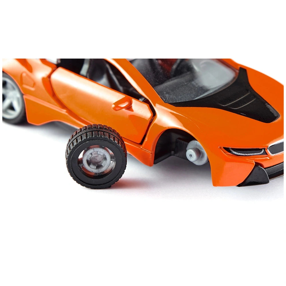 Siku BMW i8 LCI toy car in orange with black accents and glossy finish, showcasing sleek design and detailed features.