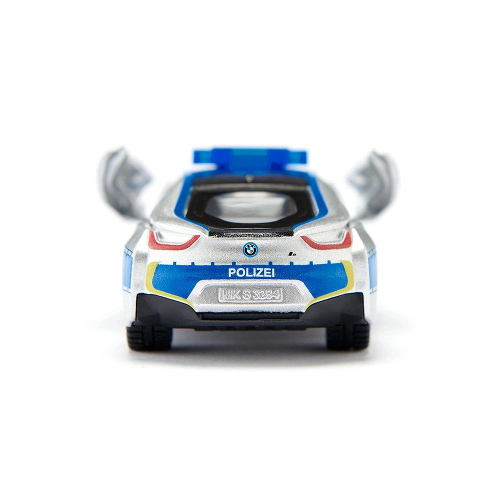 Siku BMW i8 Police toy vehicle features a shiny blue, white, and black design with "POLIZEI" text on a white background.