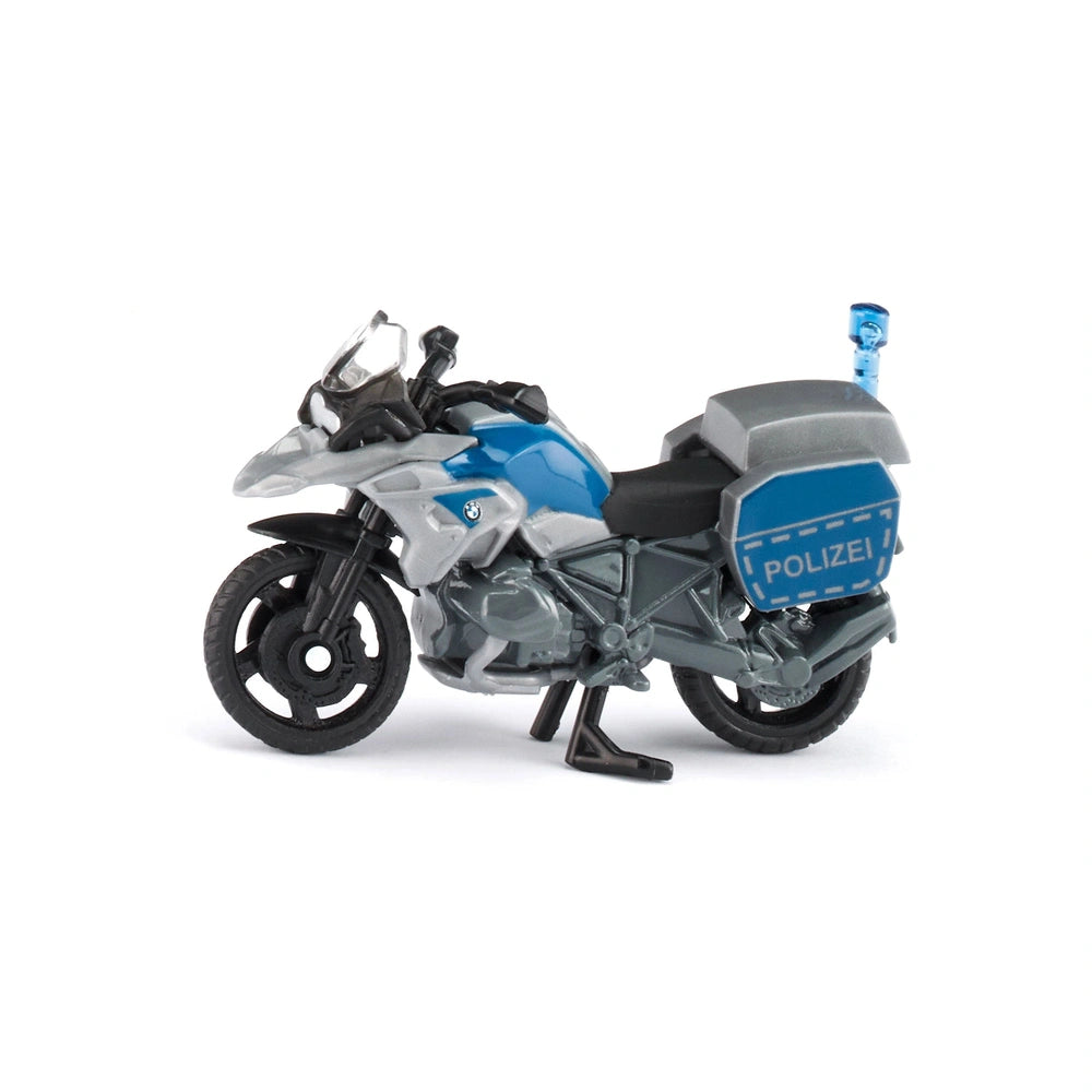BMW police motorbike toy in blue with gray and black accents, featuring a glossy plastic finish against a white background.