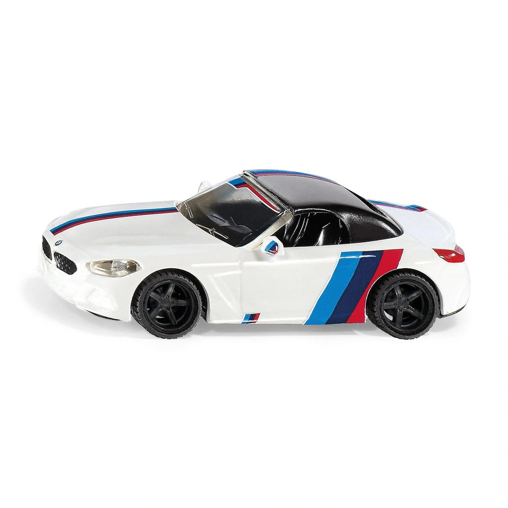 Siku BMW Z4 M40i model features a glossy white finish with blue and red stripes, showcasing detailed components and black whe