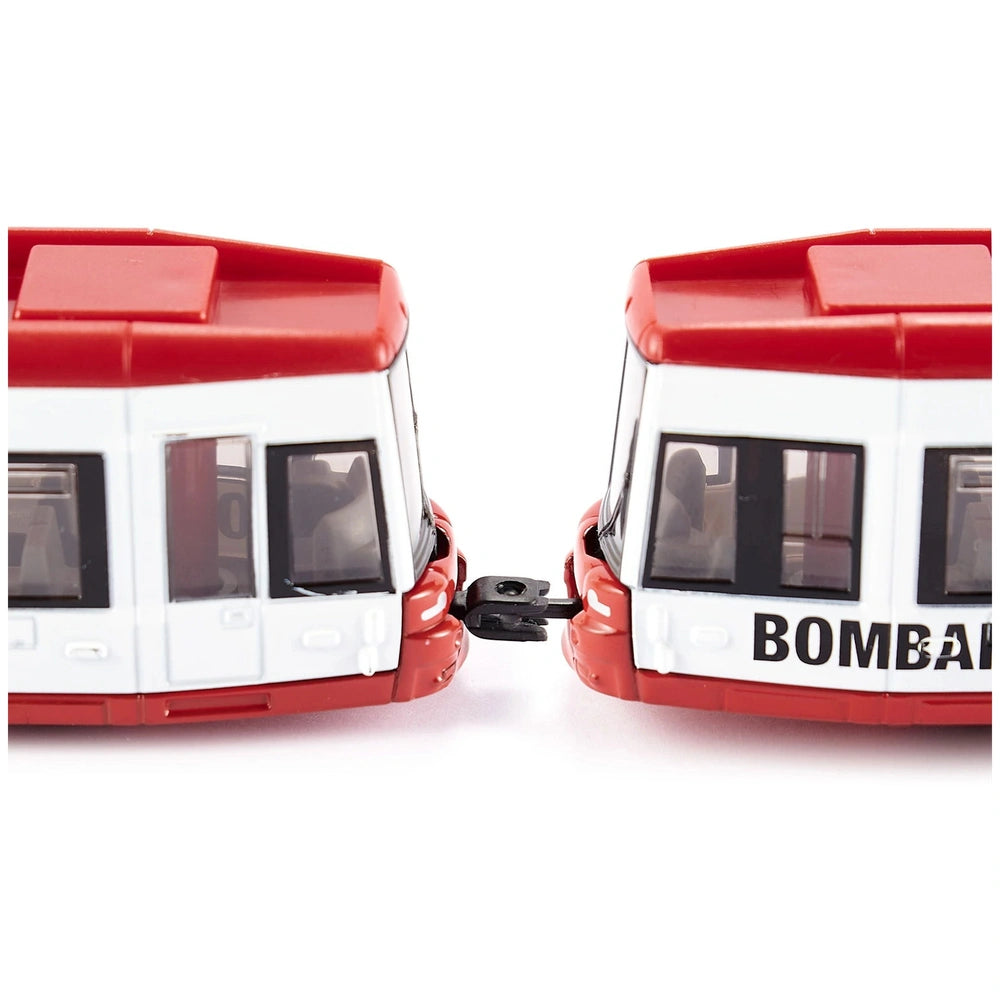 Siku Bombardier Tram toy buses in red and white, facing each other with glossy surfaces and "BOMBAY" text on the front.